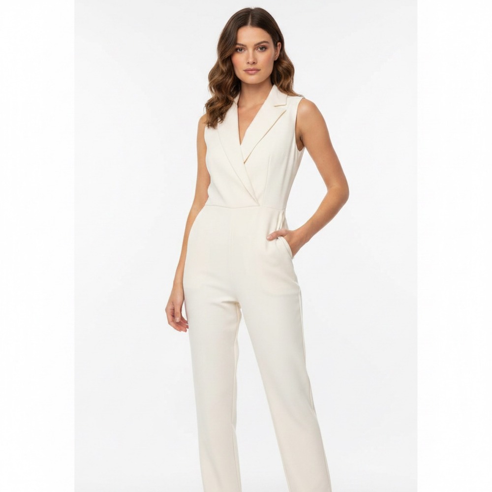 Express Cream Bridal Sleeveless Tuxedo Jumpsuit Notched Lapel Open Back Size 4